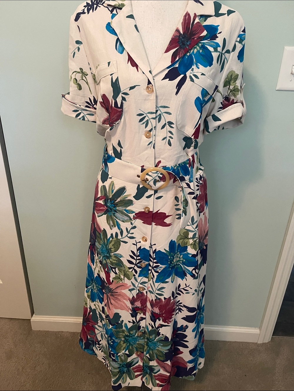 Tahari ASL Cream Maxi Dress with Blue, Green & Burgundy Floral Print